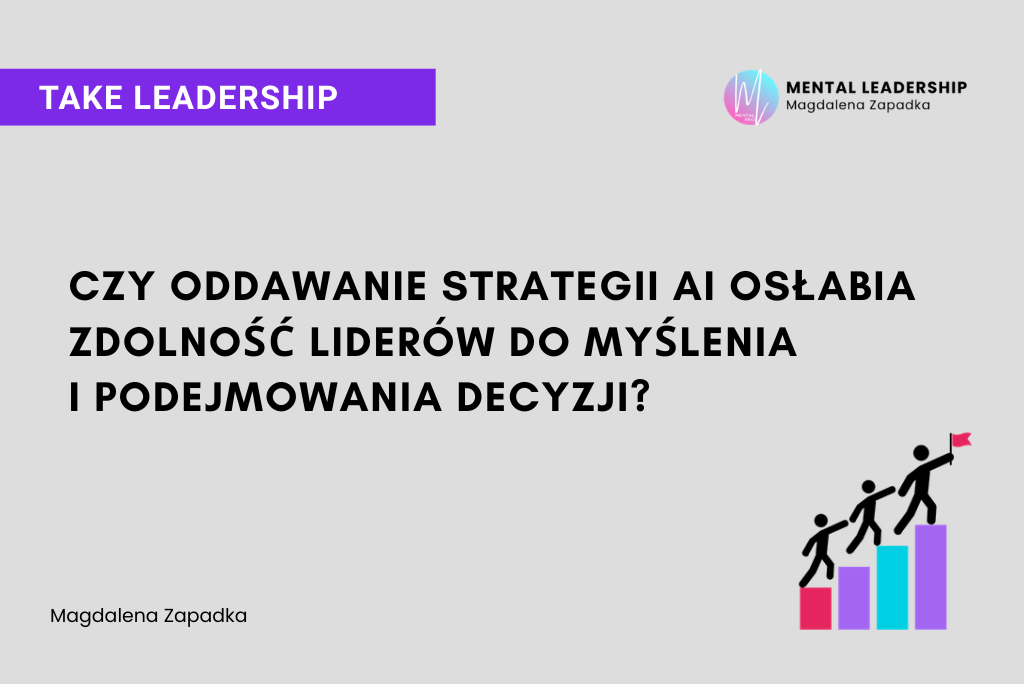 Metaforyczna grafika przedstawiająca lidera biznesu analizującego cyfrowy mózg AI, ilustrująca dylemat oddawania strategii firmy sztucznej inteligencji i jej wpływ na krytyczne myślenie menedżerskie.